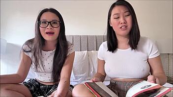 Asian teens UwU Tofu and Sakura take study break with huge cock in petite asses