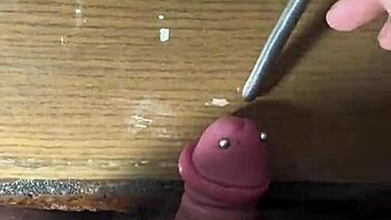 Chubby amateur with big ass and pierced cock performs solo BDSM session with cumshot