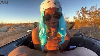 Petite ebony nympho gives sloppy deepthroat blowjob to massive black cock in car until huge cumshot covers her