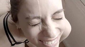 Beautiful teen brunette gets a homemade facial cumshot again 😍💦