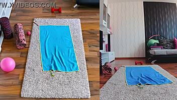 Double cam setup captures naked yoga with curvy milf spreading wide