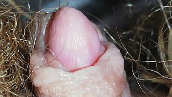 oh wow, check out my hairy pussy and big clit up close, it's dripping wet with grool