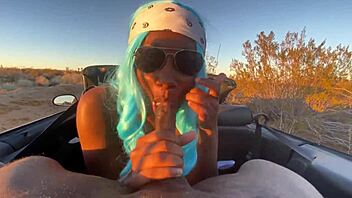 Petite ebony nympho gives sloppy deepthroat blowjob to massive black cock in car until huge cumshot covers her