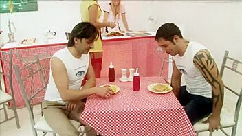 Hey milf waitresses diana gold and eva mercedes, wanna join this ffmm foodie foursome with blowjobs and facials?