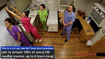 Behind the scenes, new nurses Angelica Cruz, Lenna Lux, and Reina gain clinical experience in latex gloves at the hospital with lactating fetish elements.