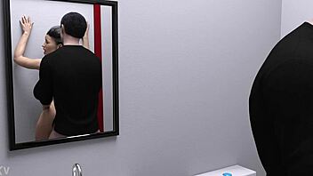 In this game scene, hot milf gets assfucked doggystyle in bathroom with big tits bouncing.