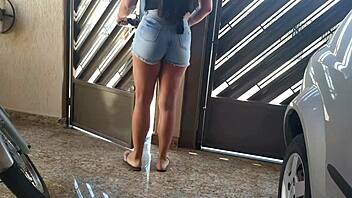 Damn, this hot neighbor in tight jeans shorts screams while I lick and fuck her wet pussy!