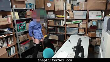 Shoplifting teen faces rough punishment with bent over fucking and ripped clothes in garage office