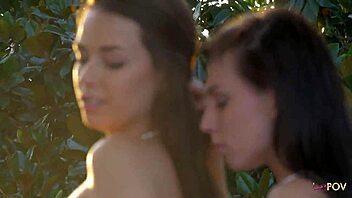 romantic outdoor session with two brunettes kissing and fingering shaved pussies passionately 💋👩‍❤️‍💋‍👩