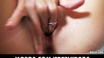 Curly haired blonde bombshell masturbates solo with her wet panties