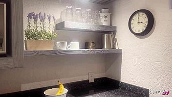 I got caught in lesbian fun with classmate in kitchen then he joind hard ffm threesome