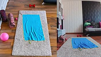 Double cam setup captures naked yoga with curvy milf spreading wide