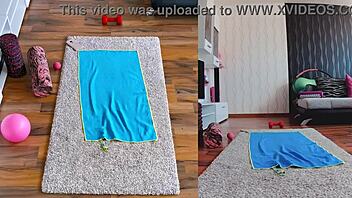 Double cam setup captures naked yoga with curvy milf spreading wide