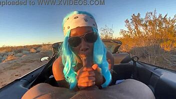 Petite ebony nympho gives sloppy deepthroat blowjob to massive black cock in car until huge cumshot covers her