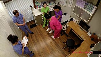 Behind the scenes, new nurses Angelica Cruz, Lenna Lux, and Reina gain clinical experience in latex gloves at the hospital with lactating fetish elements.