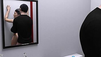 In this game scene, hot milf gets assfucked doggystyle in bathroom with big tits bouncing.