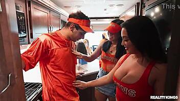 Traveling fan fuck fest? Reality Kings captures bubble butt cheerleaders in a wild threesome with blowjobs, facial cumshots, and hardcore handjob action.