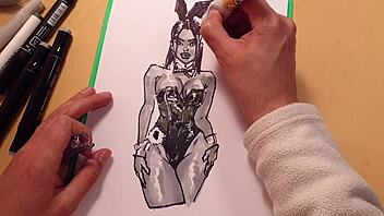 quick marker sketch of athletic girl in tight latex outfit showing her big ass and tits