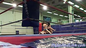 European Lesbian Babes Wrestling Naked With Muscular Domination In Boxing Ring Catfight