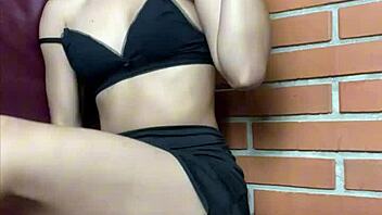 petite single girl masturbates with big black monster cock dildo solo