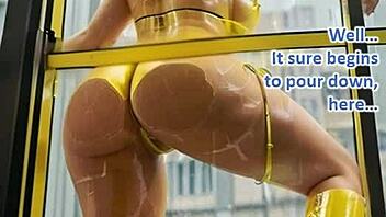 Blonde rider in latex boots bends over for doggystyle blowjob in stormy outdoor public scene with big tits exposed.