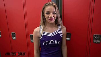 Blonde cheerleader Scarlett Fall hints at jizz filling her sexy panties