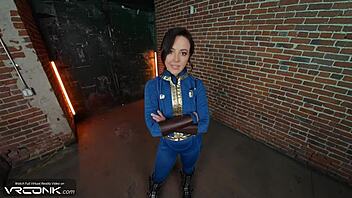 Horny brunette Lucy sucks monster cock deep and fucks anally in intense Fallout cosplay parody. She rides hard in missionary for cumshot.