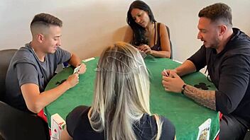 sexy housewife slut calls over a couple of friends for what seems like game night but really it's all about swapping partners and watching the cuckold action with blowjobs and pussy licking