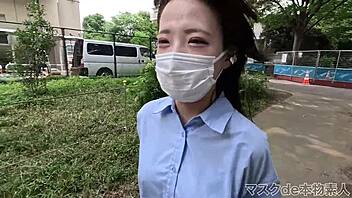 Slender Japanese beauty at 19 reveals face in outdoor container sex and visible truck scene