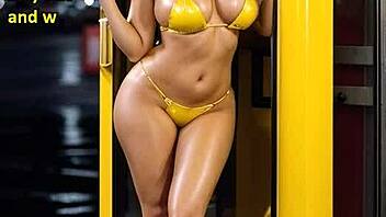 Blonde rider in latex boots bends over for doggystyle blowjob in stormy outdoor public scene with big tits exposed.