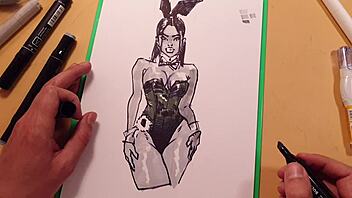 quick marker sketch of athletic girl in tight latex outfit showing her big ass and tits