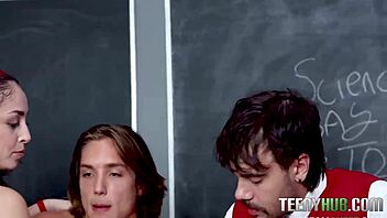 Teachers pet sparks classroom threesome with petite amateurs