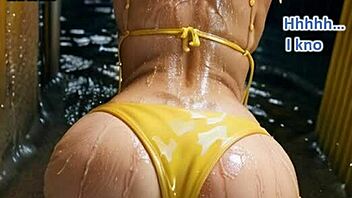 Blonde rider in latex boots bends over for doggystyle blowjob in stormy outdoor public scene with big tits exposed.