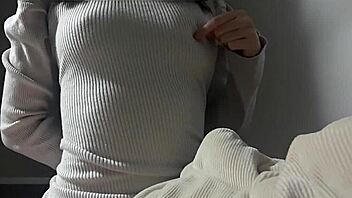 this cute busty woman practices riding positions in the bedroom to please her partner well. her curvy asian body makes it fun and intimate.