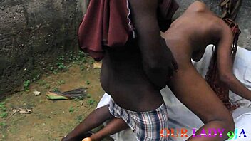 the lucky security man fucked the skinny big tit ebony cook at the backyard hardcore with squirting and creampie