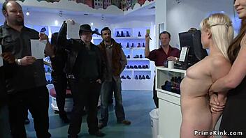 gagged blonde, you're getting fucked hard in this public shop with bondage and humiliation from the group