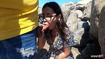 Inked Nympho Latina Teen Seduces Driver for Rough Public Beach Fuck with Blowjob and Cumshot