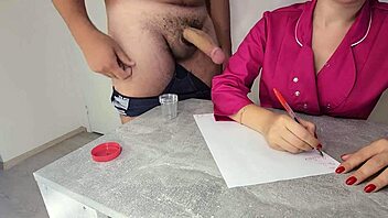 In a hospital setting, the nurse assists with sperm donation by jerking off the patient in this subtitled scene.