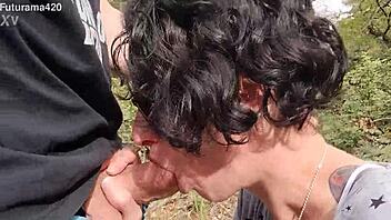 Imagine a slutty wife deepthroating cock outdoors until cum fills her mouth in the forest.