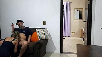 damn! the cuckold showered while his wife banged the guy on the couch