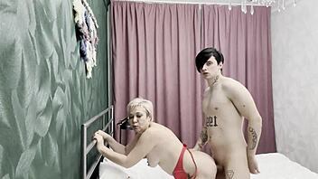 Blonde cougar enjoys rough quickie with young man, riding him hard in homemade fun.