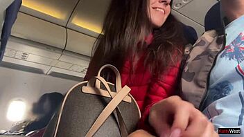 Hey, risky public handjob on a plane toilet with cute teen babe flashing and jerking off cock in close-up POV - so crazy! ✈️😈
