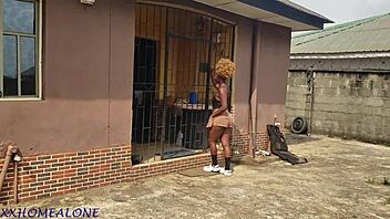 Is this sexy ebony biker babe with small waist and big ass getting dominated and fucked hard by neighbor in leather skirt while waiting for boyfriend?