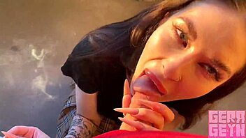 i love when this smoking brunette teen gives fast blowjob on public balcony with cum in mouth and facial from my monster cock in romantic quickie