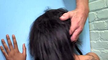 Hey, check out petite ebony teen Nevaeh Keyz sucking huge white cock at gloryhole for facial cumshot.