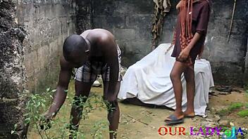 the lucky security man fucked the skinny big tit ebony cook at the backyard hardcore with squirting and creampie