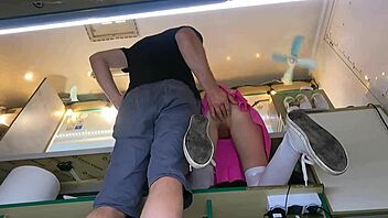 Boss Plays with Sexy Shop Assistant's Wet Pussy While She Talks to Customer