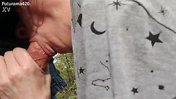 Imagine a slutty wife deepthroating cock outdoors until cum fills her mouth in the forest.