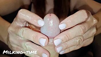 In a dominant session, the british brunette mistress with big tits milks a monster cock using her lactating skills.