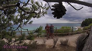 on the beach path, a french girl caught me flashing my cock and casually helped with a handjob cumshot.